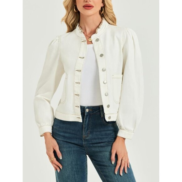 Women Denim Jacket Cotton Blend Puff Sleeve Ruffle Neck Casual Fall - Picture 3 of 7